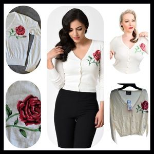 US10 Heart & Roses Ivory Knit & Red Rose Long Sleeve Button Up Cardigan